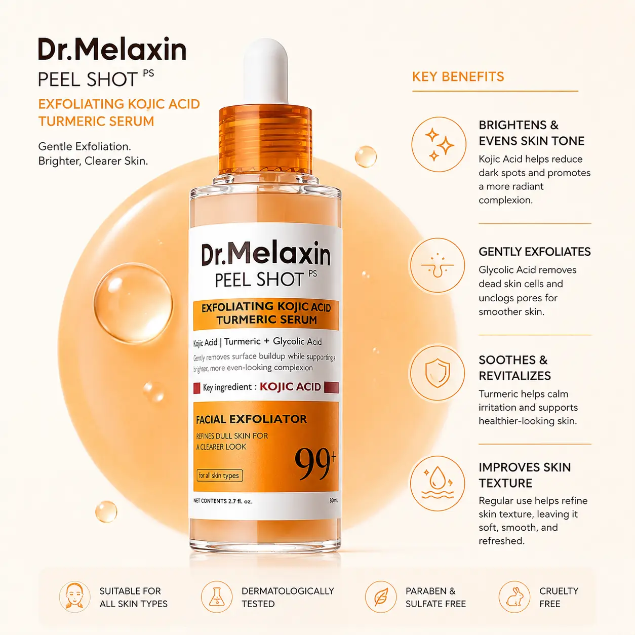 Dr.Melaxin Peel Shot Exfoliating Kojic Acid Turmeric Serum 80ml - Image 2