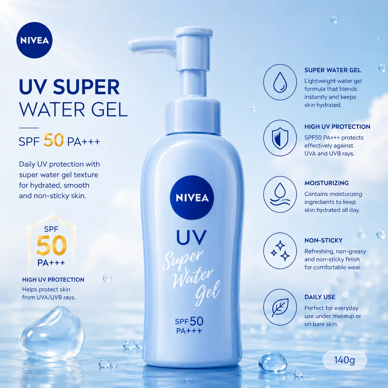 Nivea Sun Protect Super Water Gel Sunscreen Pump Bottle SPF50 PA+++ 140g