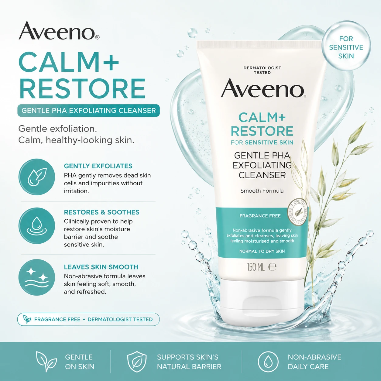 Aveeno Calm Restore Gentle PHA Exfoliating Cleanser For Sensitive Skin 150ml - Image 2
